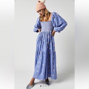 Free People Dahlia Embroidered Maxi Dress in Misty Dawn - Size SMALL